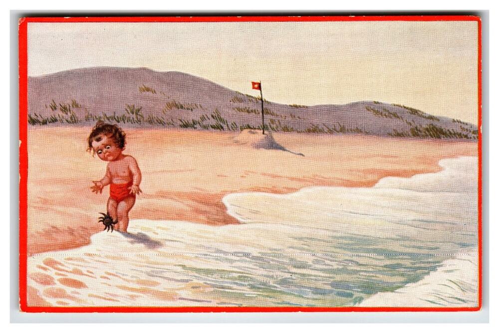 Vintage German Postcard Scared Baby Crab Beach Ocean Waves D.R.G.M. Art